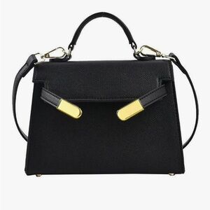 Designer look mini black top handle bag with gold hardware, crossbody strap